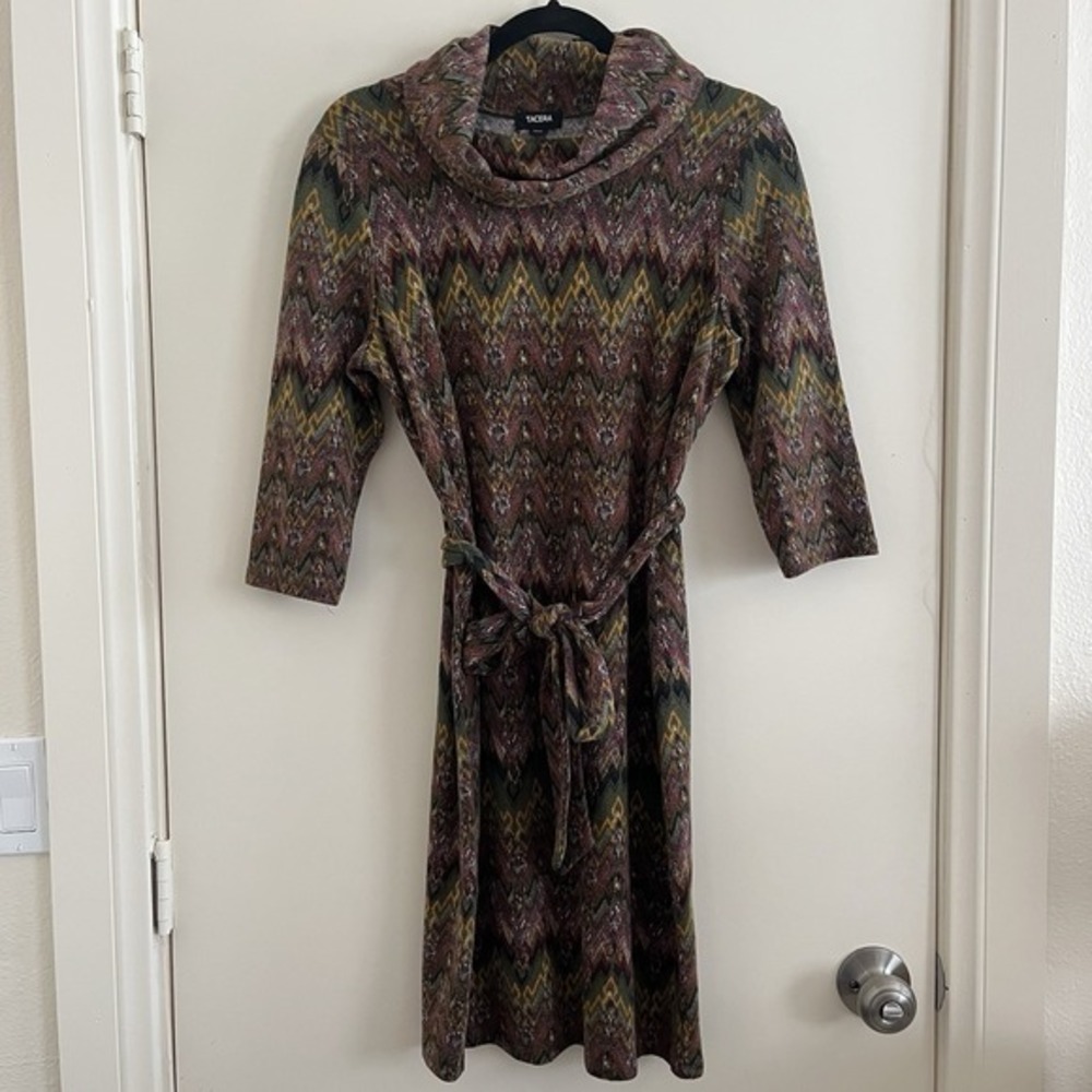 Tacera Cowl Neck Midi Sweater‎ Dress Petite Medium Chevron Belted Knit Office.